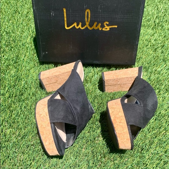 ‼️SOLD‼️Lulus Sicily Black Suede Cork Platform Heels - Picture 7 of 8